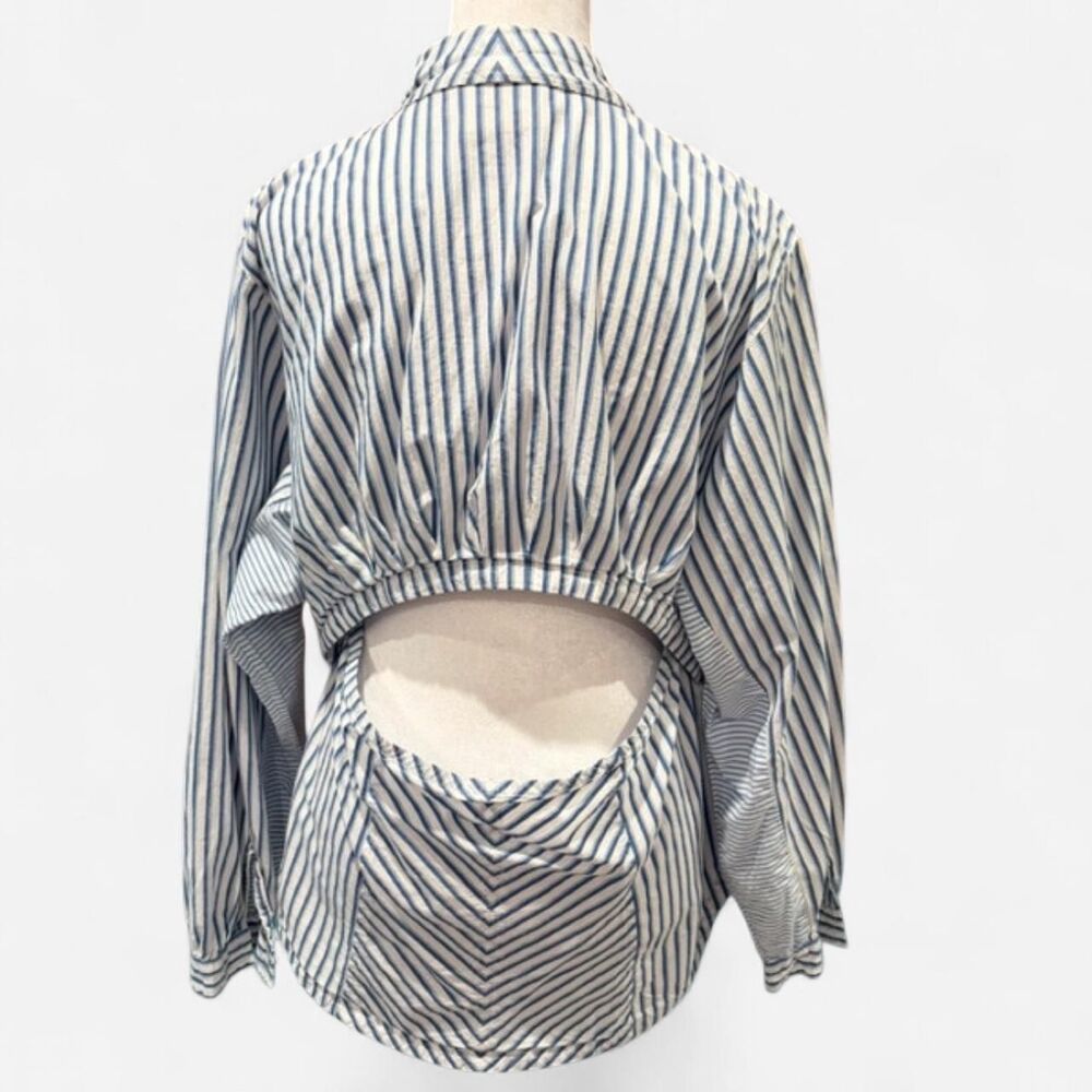 Maeve by Anthropologie Striped Cotton Button Down Blouse With Open Back Detail